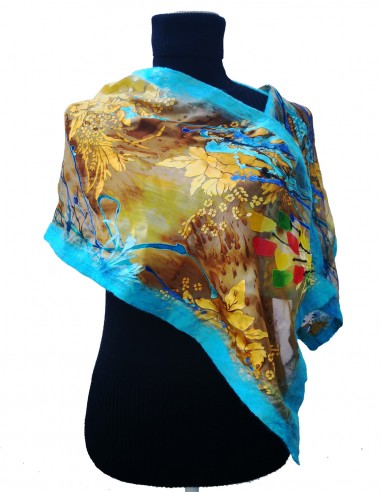 Sciarpa leggera estiva in Crêpe de Chine di Seta stampata. Variante Turquoise