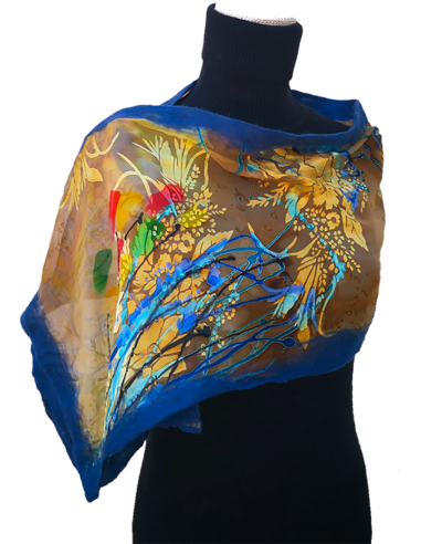 Sciarpa leggera estiva in Crêpe de Chine di Seta stampata. Variante Cobalto